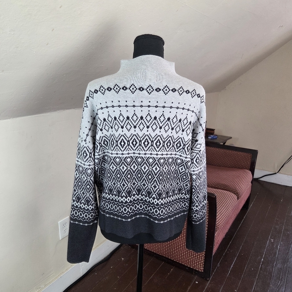 Joie Gray Black Fair Isle Sweater M Mock Neck Stretchy Knit Pullover - Picture 4 of 12